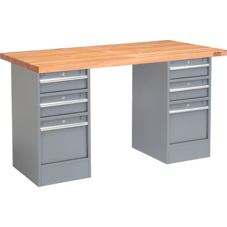 Global Industrial 72 x 30 Pedestal Workbench, 6 Drawers, Maple Block Square Edge, Gray 607629